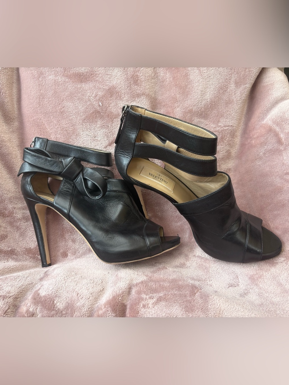 Valentino Black Leather Peep-Toe High Heel Sandals with Ankle Straps